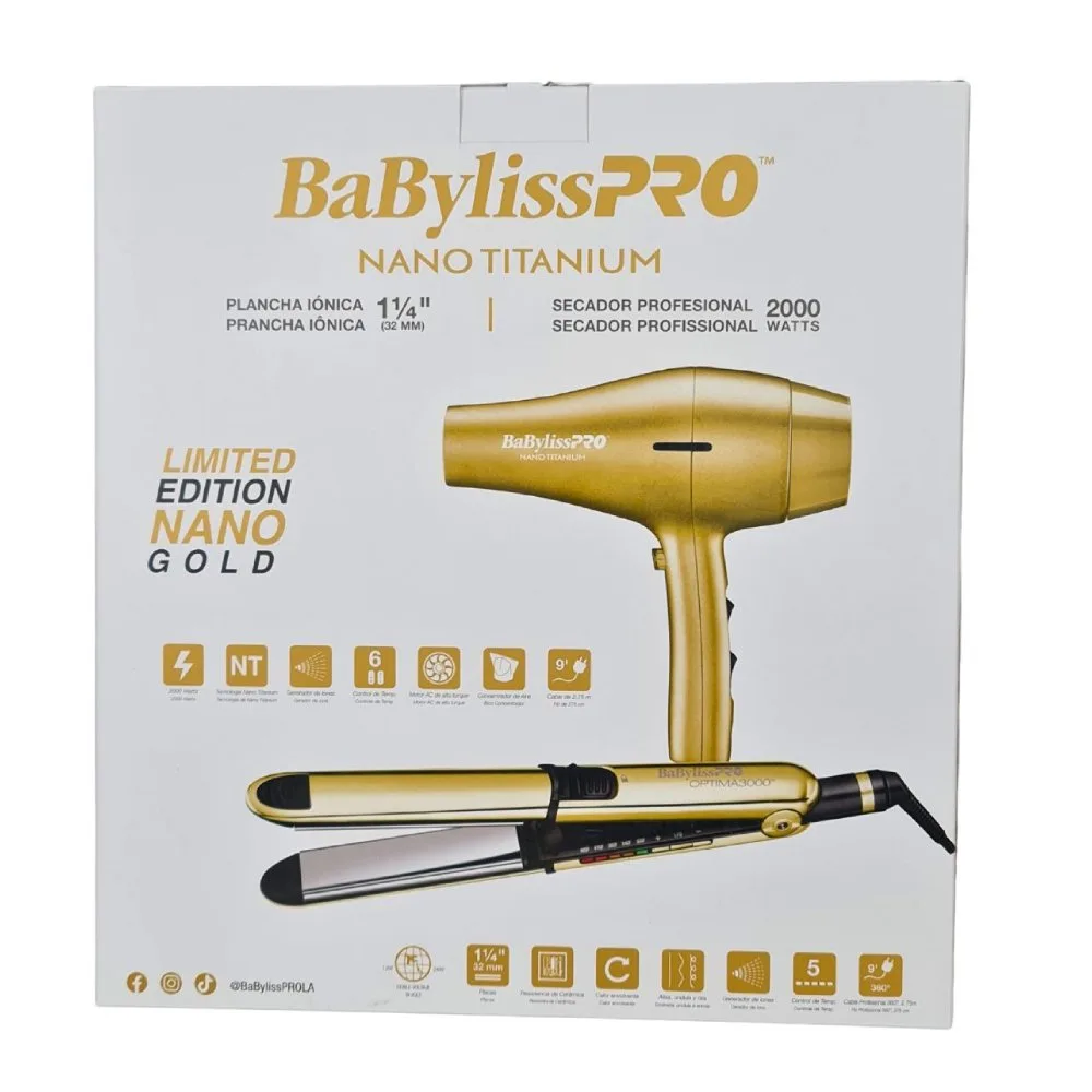Combo BabylissPRO edicion limitada Nano Gold Plancha Ionica 1 32mm con Secador Profesional 2000 Whatss Caja original 002