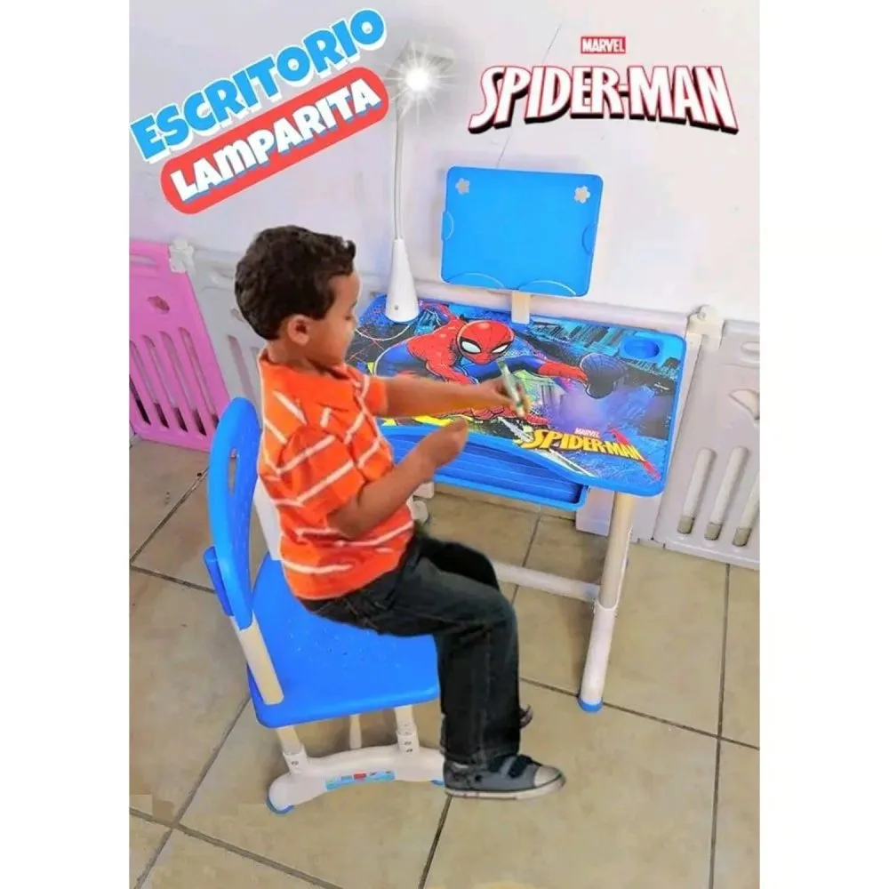 Escritorio Escolar Ergonomica Ajustable Con Silla Y Lampara Spiderman