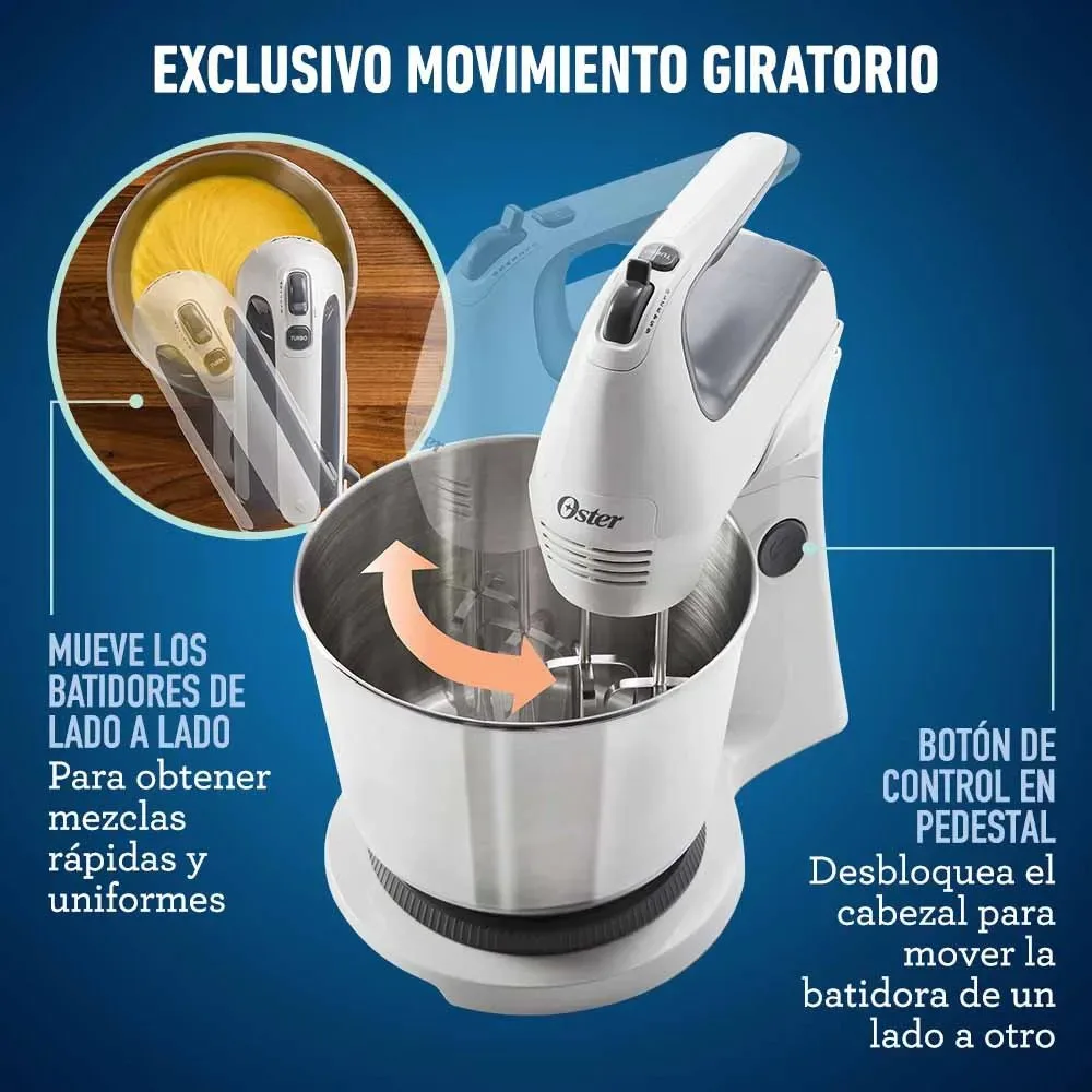 Batidora de Mano y Pedestal Oster® Blanca con Accion Giratoria Unica 6 Velocidades 250W y Tazon de 3.7L FPSTHS3612 6