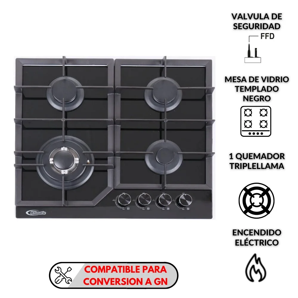 Cocina Empotrable a Gas Klimatic Alessia 4 Hornillas Vidrio Templado Negro Quemador Triple Llama y Diseno Europeo 2