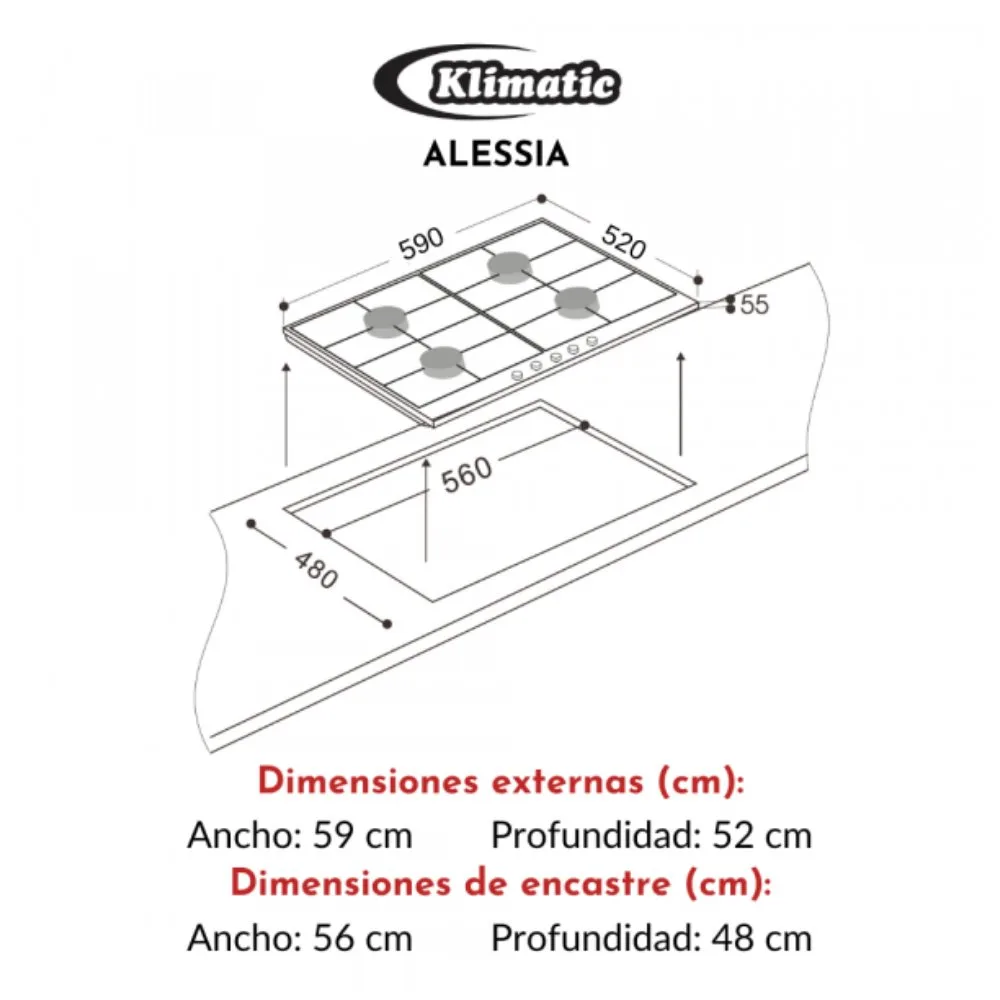 Cocina Empotrable a Gas Klimatic Alessia 4 Hornillas Vidrio Templado Negro Quemador Triple Llama y Diseno Europeo 3