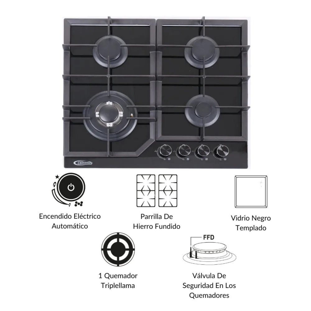 Cocina Empotrable a Gas Klimatic Alessia 4 Hornillas Vidrio Templado Negro Quemador Triple Llama y Diseno Europeo