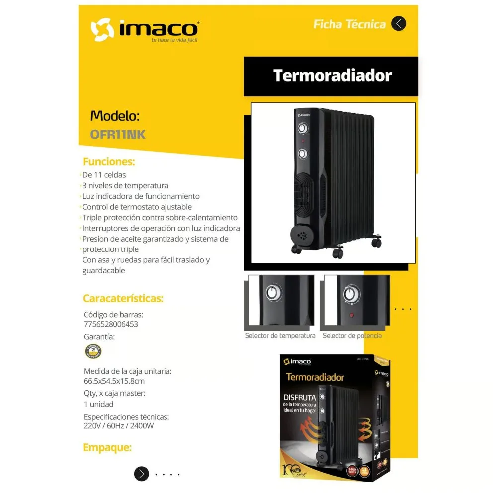 Termoradiador Imaco OFR11NK de 11 Celdas 2500W 3 Niveles de Calentamiento Negro