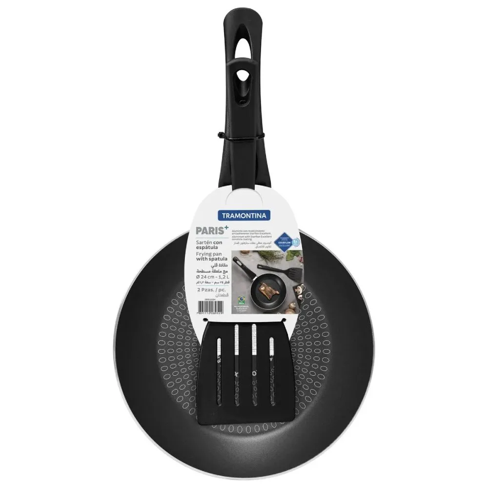 Sarten Tramontina Paris en Aluminio con Revestimiento Antiadherente Starflon Excellent Negro 24 cm 12 L y Espatula de Nylon 28551024